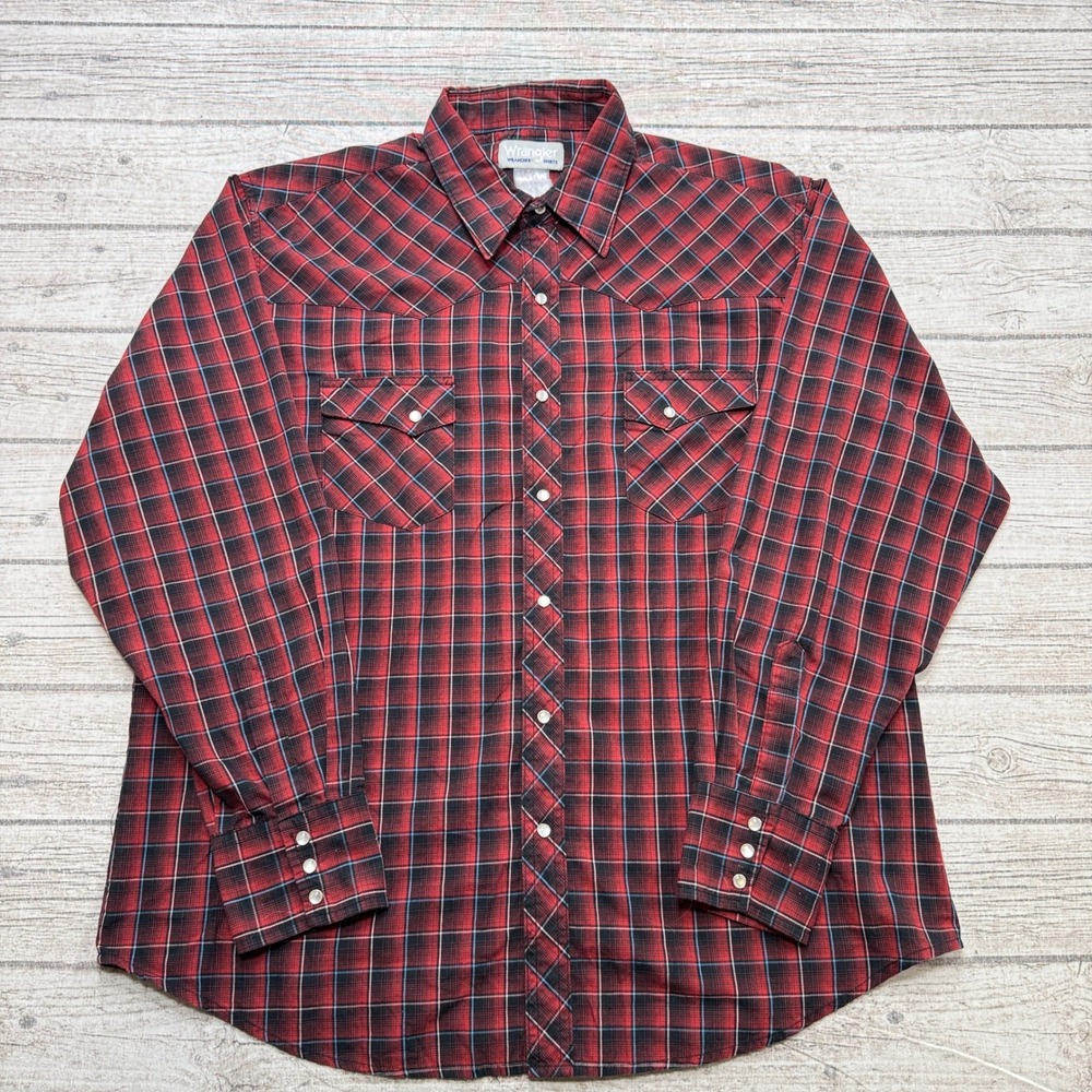 Wrangler Wrancher Shirt Men's 2XL Red Black Plaid Pearl Snap Long Sleeve Western